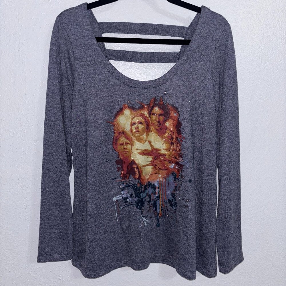 Star Wars Rock & Republic Blue Long‎ Sleeve Graphic Shirt Womens M Open Bar Back